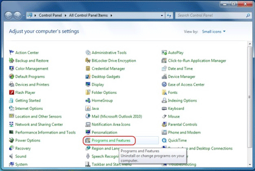 Windows 7 Control Panel, Programs and Features